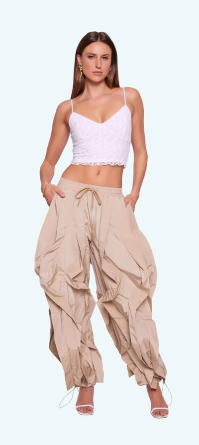 Shop Drawstring Waist Ruffle Parachute Pants