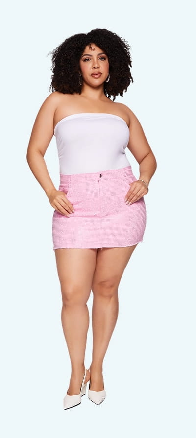 Shop Plus Size Rhinestone Raw Hem Mini Denim Skirt