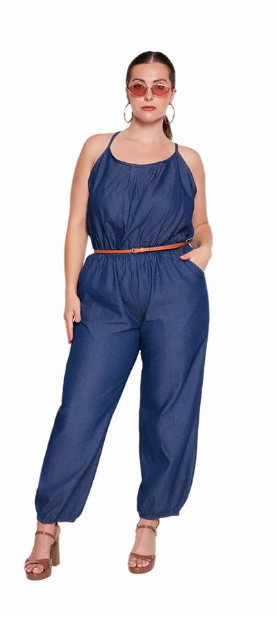 Shop Plus Size Chambray Sleeveless Jumpsuit with Cinched Waist and Pockets