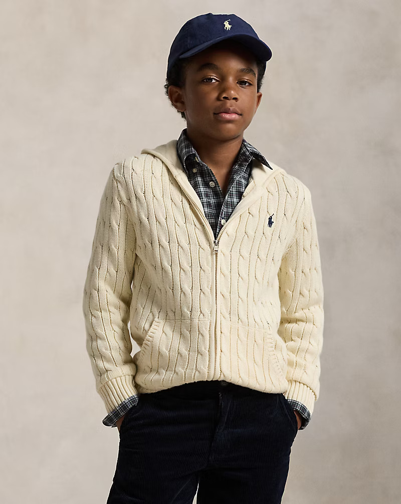 Cable Cotton Hooded Full-Zip Sweater