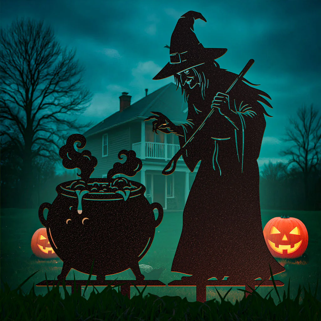 Image of Witch and Cauldron Halloween Garden Stake