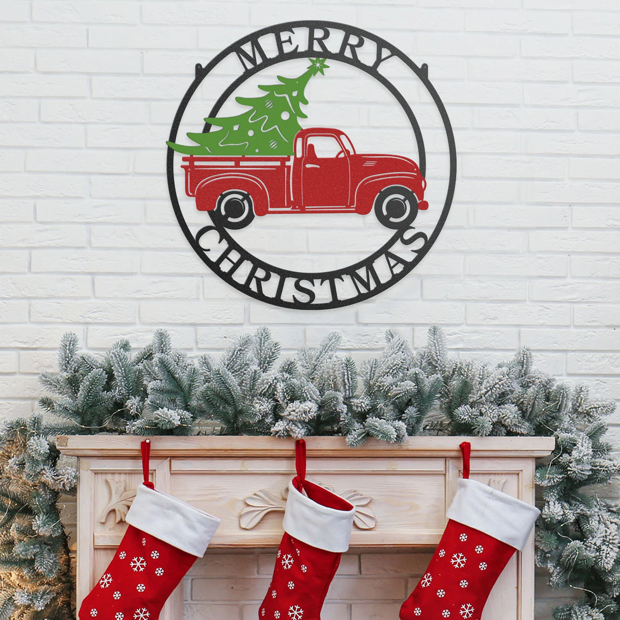 Image of Little Red Truck Hauling Christmas Tree