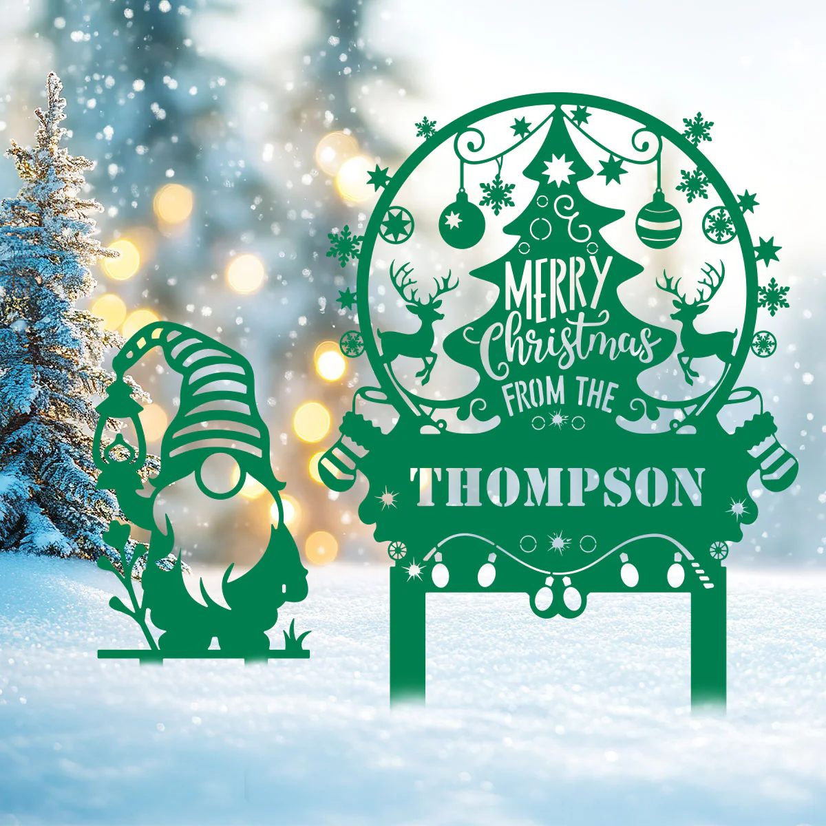 Image of Personalized Merry Christmas Tree & Gnome Metal Garden Stakes