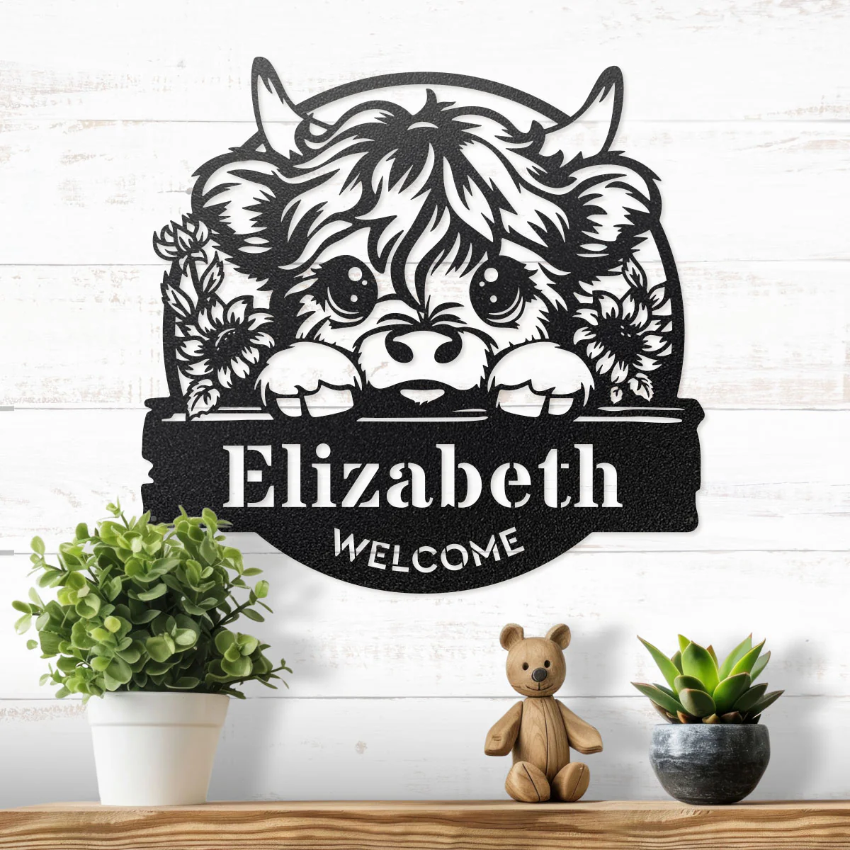 Image of Baby Calf with Sunflowers Monogram Wall Decor