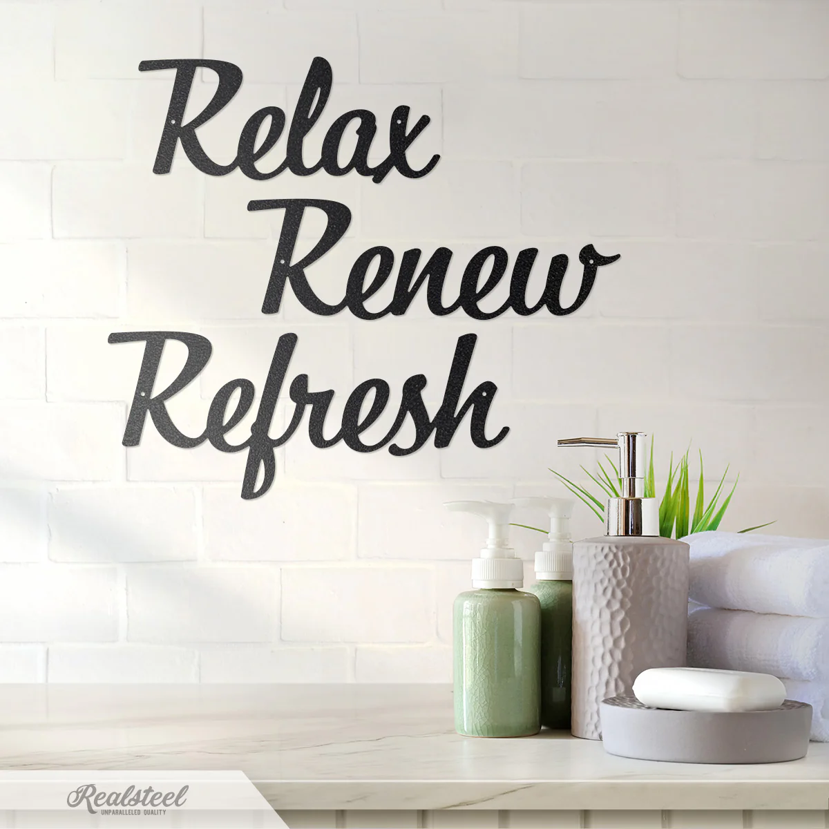 Image of Relax Renew Refresh Metal Wall Art - Tranquil Bathroom Spa Décor
