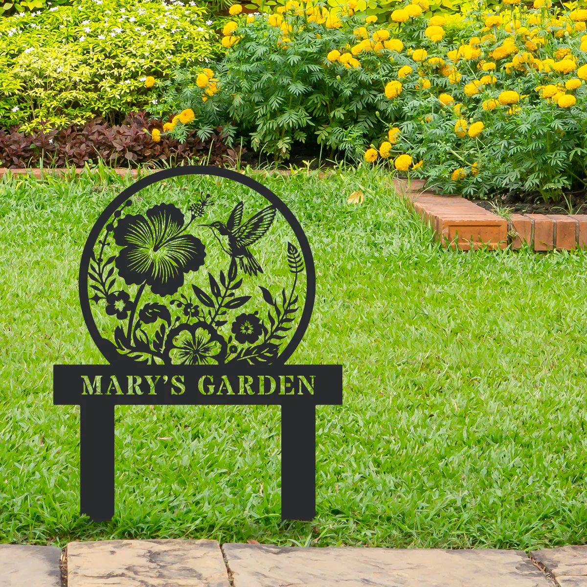 Image of Garden Art - Garden Sign With Hummingbirds