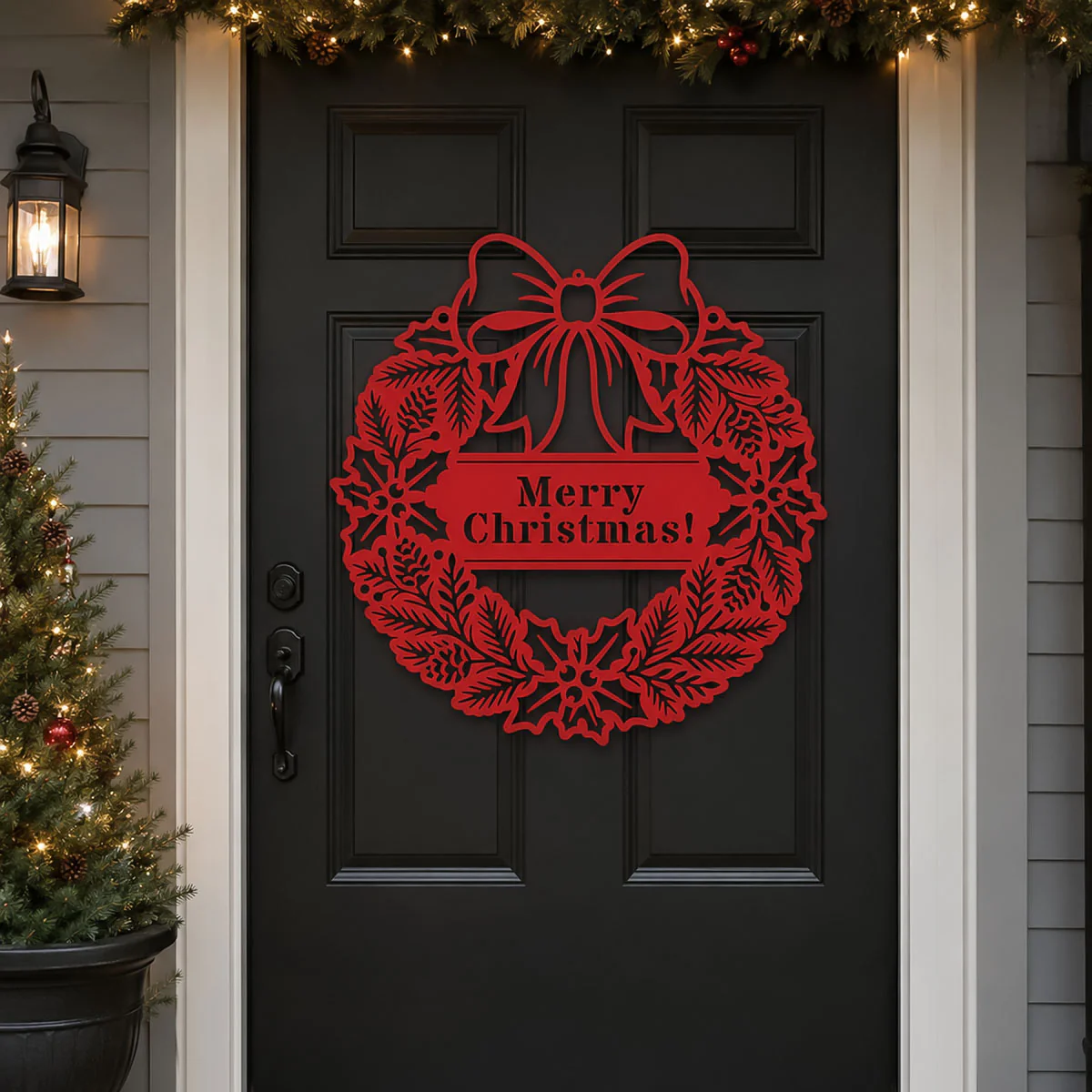 Image of Elegant Holly Christmas Wreath Monogram