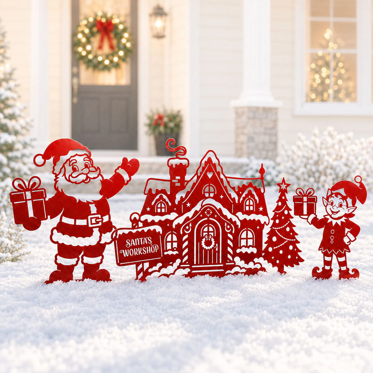 Image of Garden Art - Santa's Workshop 3-Piece Metal Yard Stake Set | Christmas Outdoor Decor