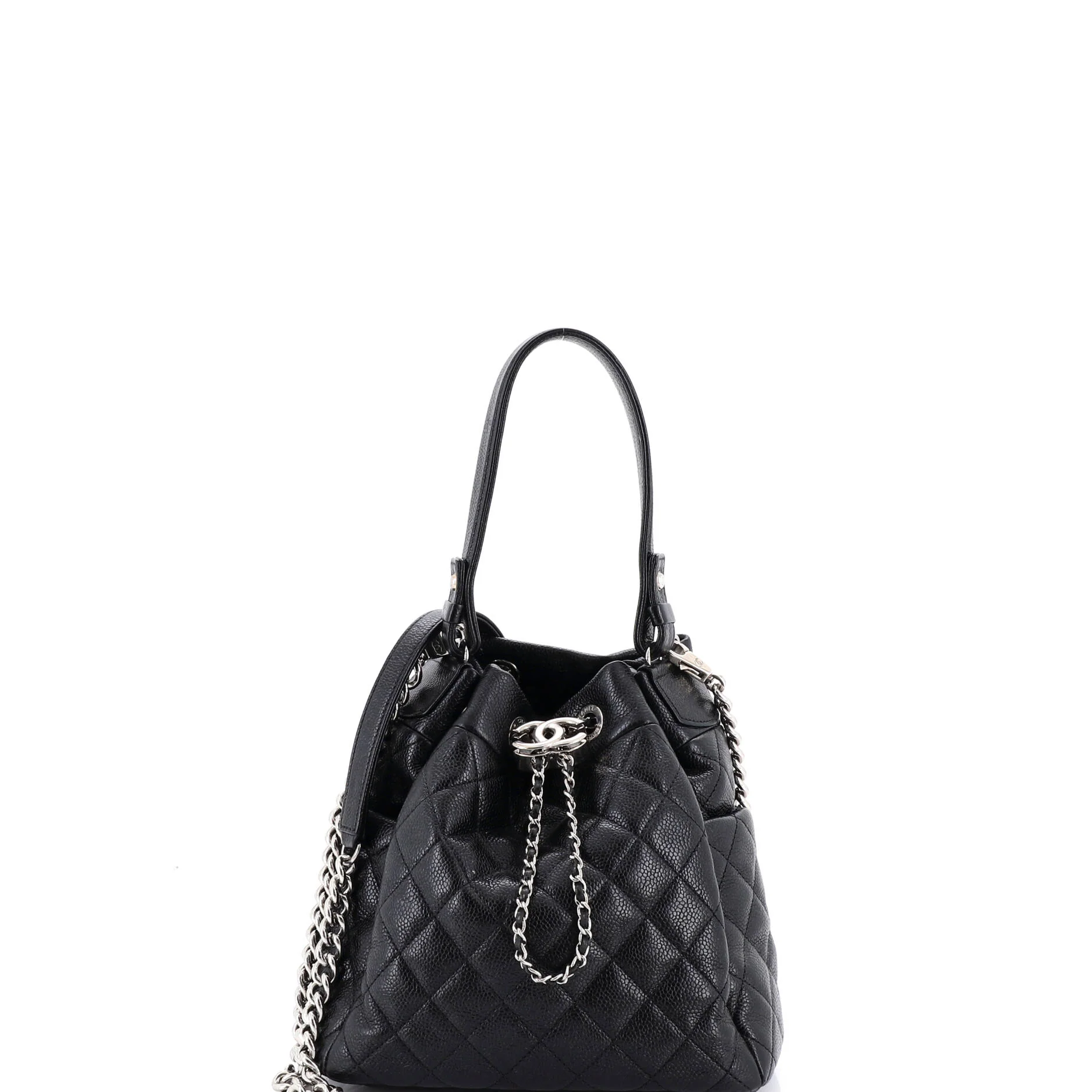 CC Chain Drawstring Bucket Bag Quilted Caviar Mini