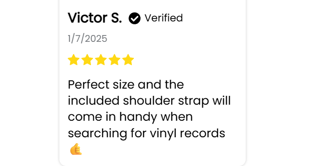 Perfect size and the included shoulder strap will come in handy when searching for vinyl records 🤙
