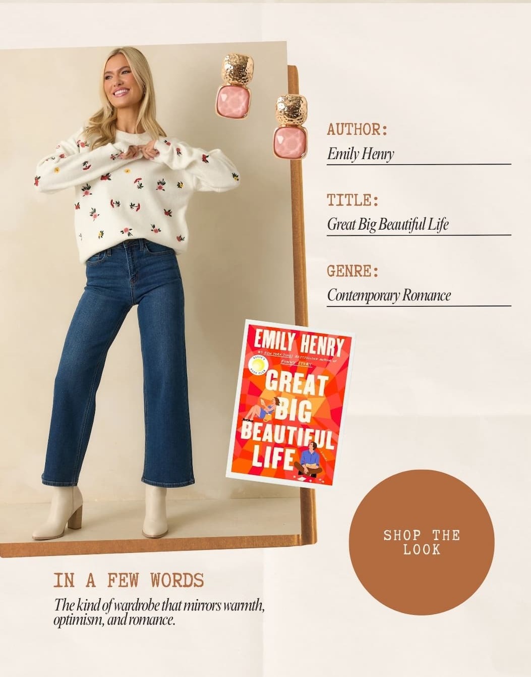 Image of model wearing an ivory floral sweater with jeans and ivory ankle boots. Button: 'Shop the Look.'