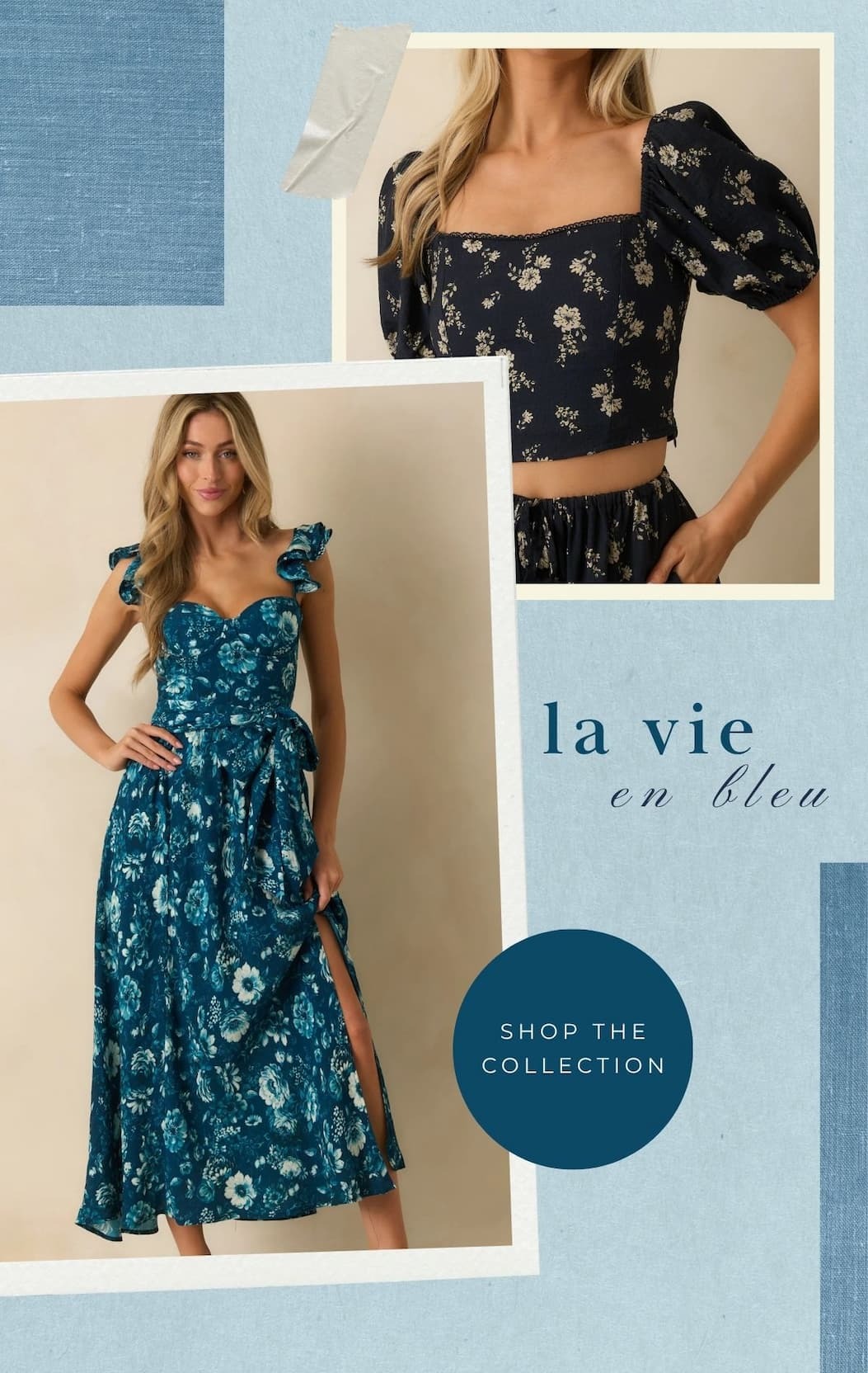 'La vie en bleu.' Collage of model wearing blue styles.' Button: 'Shop the Collection.'