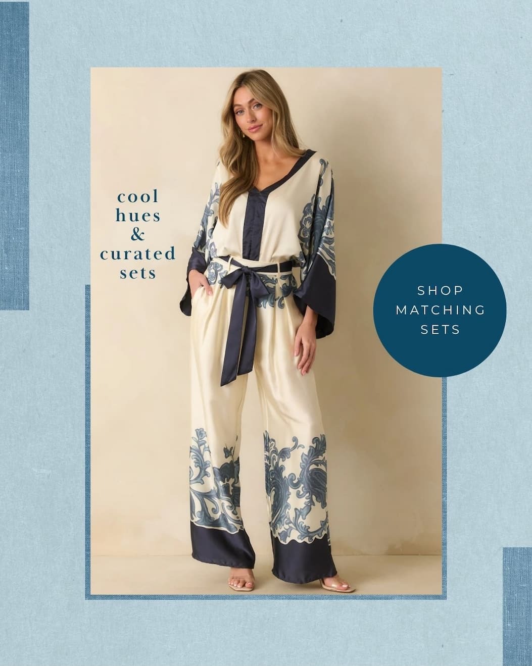 'Cool hues & curated sets.' Image of model wearing a Navy Multi Print Contrast Trim Kimono Sleeve Bodysuit with matching pants. Button: 'Shop Matching Sets.'