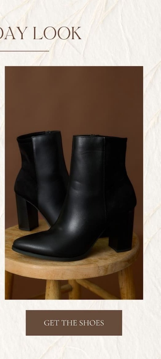 Button: 'Get the Shoes.' Image of Black Faux Leather Suede Ankle Boots.