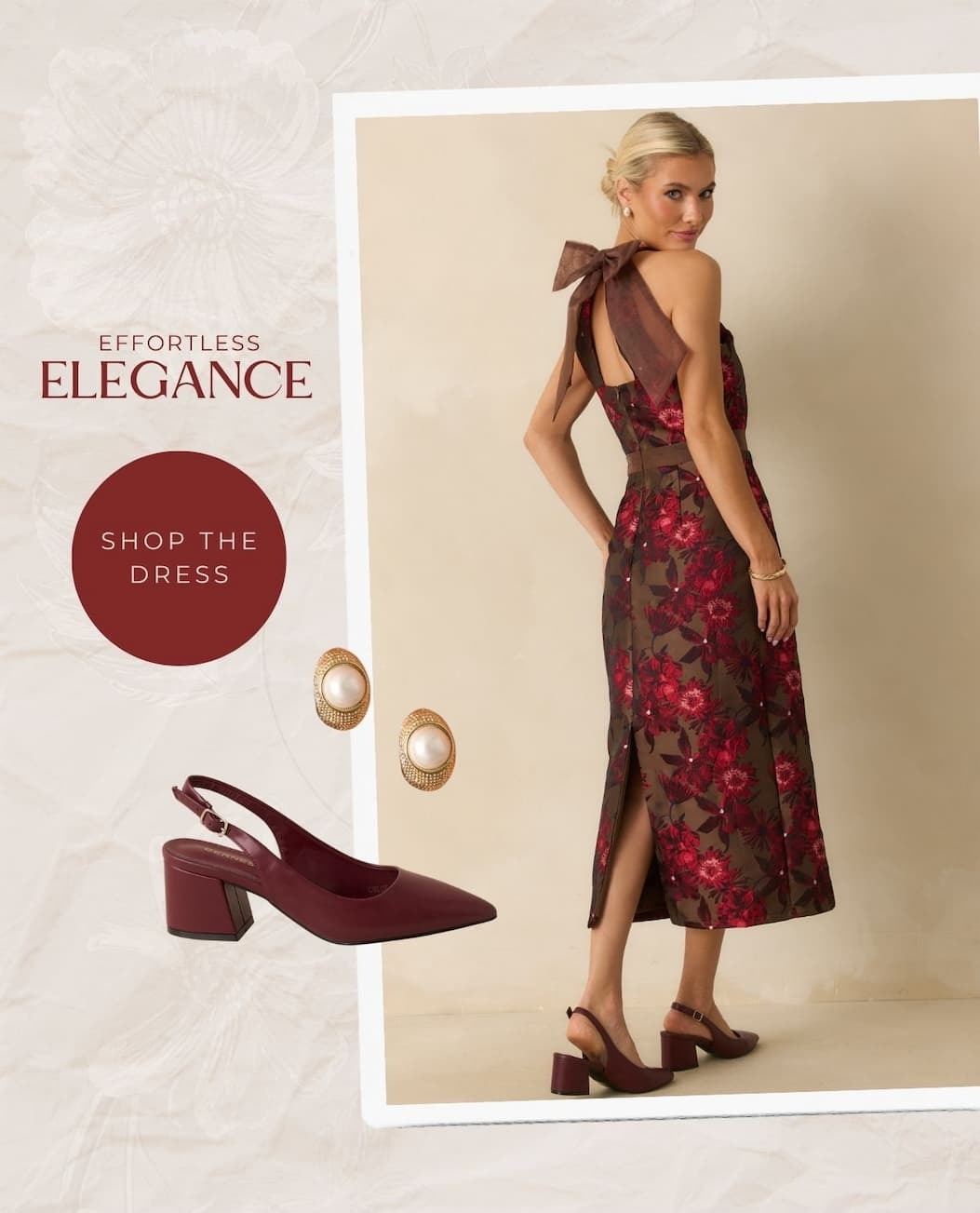 Image of model wearing a Mocha Brown Multi Floral Jacquard Maxi Dress. Button: 'Shop the Dress.'