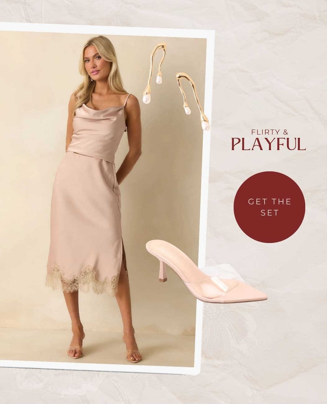 Image of model wearing a Dusty Pink Satin Cowl Neck Sleeveless Top with a matching skirt. Button: 'Get the set.'