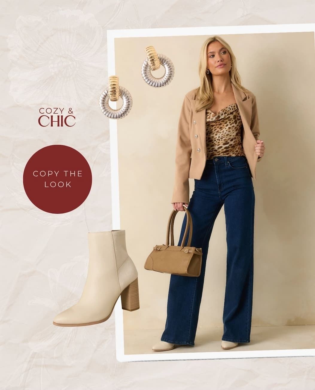 Image of model wearing a Leopard Print Satin Cowl Neck Top with a tan blazer and jeans. Button: 'Copy the look.'