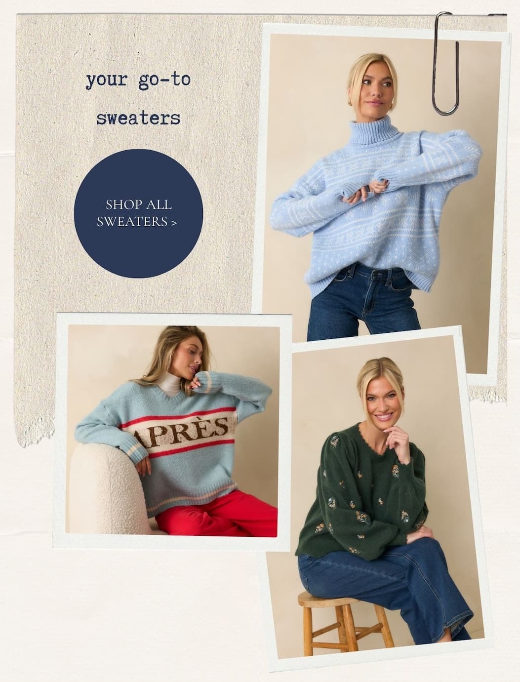 'your go-to sweaters.' Button: 'Shop All Sweaters.' Collage of models wearing different fall and winter sweaters.