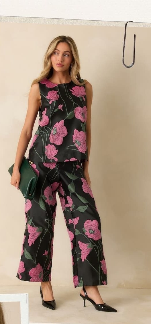 Image of model wearing a Black Multi Floral Jacquard Sleeveless Top with matching pants.