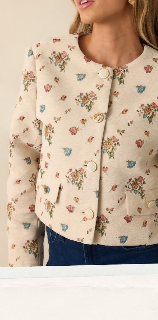 image of model wearing a Cream Multi Floral Tapestry Button Front Jacket.