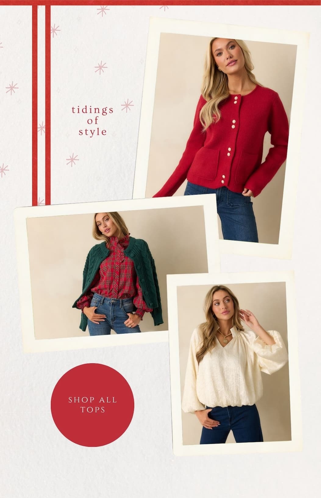 'Tidings of style.' Collage of model wearing different winter and holiday tops. Button: 'Shop All Tops.'