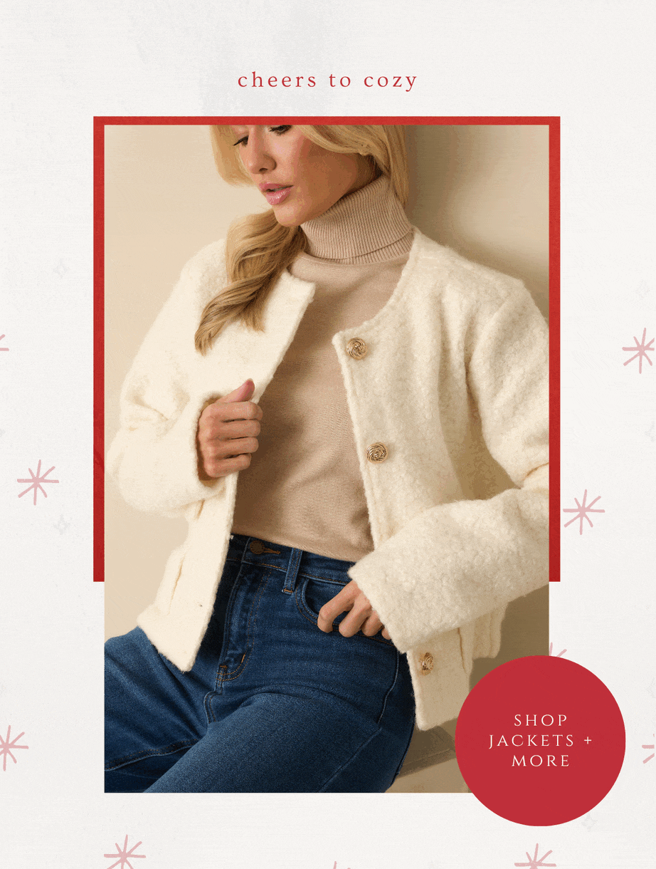 'Cheers to cozy.' Slideshow of model wearing different layers. Button: 'Shop Jackets + More.'