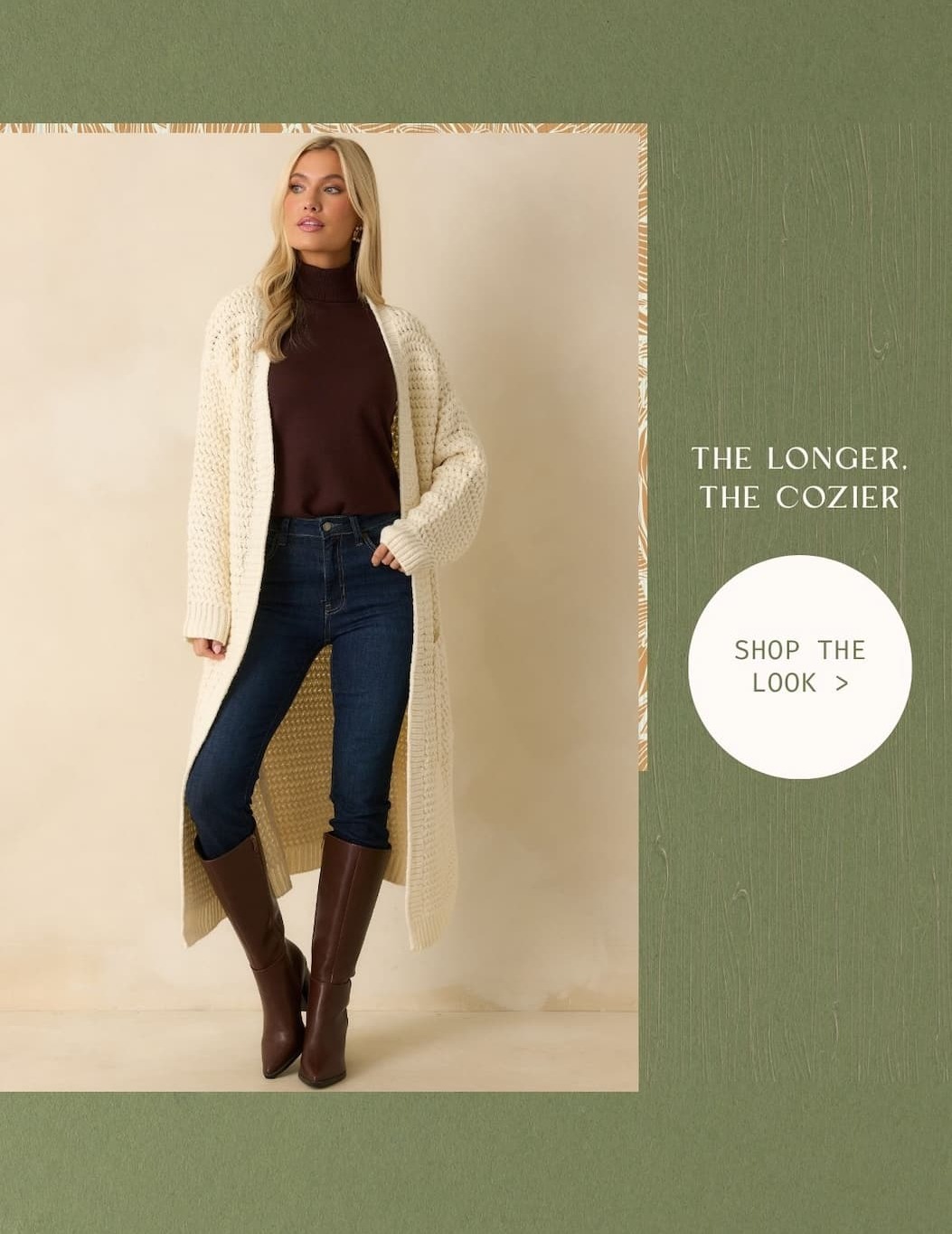 Image of model wearing an ivory knit duster cardigan. 'The longer, the cozier.' Button: 'Shop the Look.'