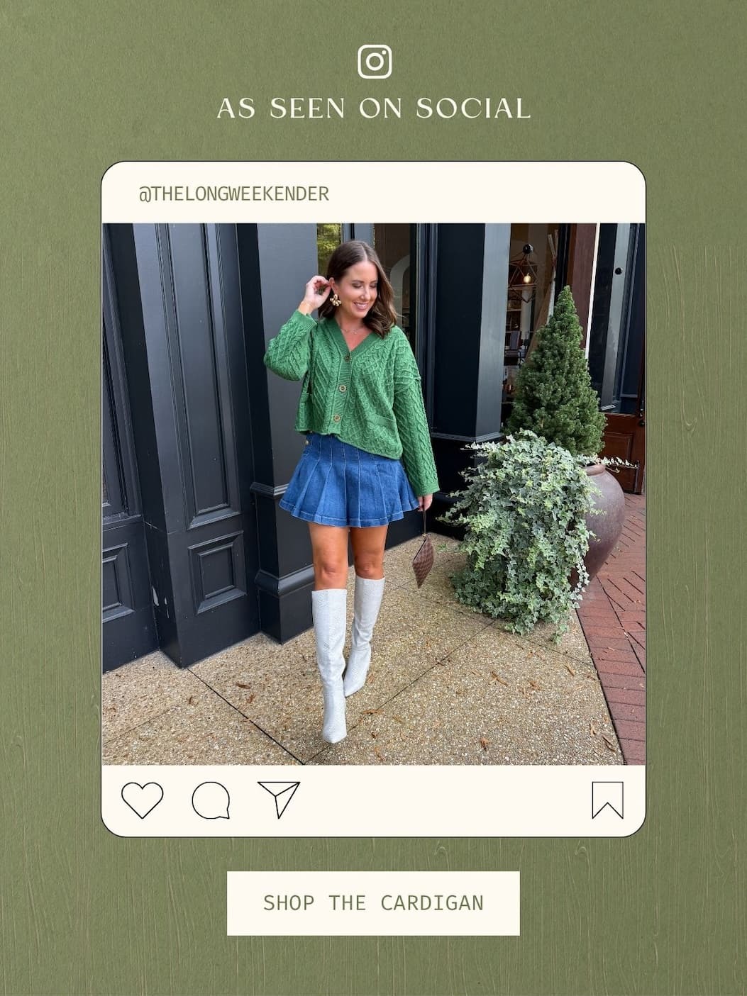 'As Seen on Social.' Image of model wearing a green cardigan. Button: 'Shop the Cardigan.'
