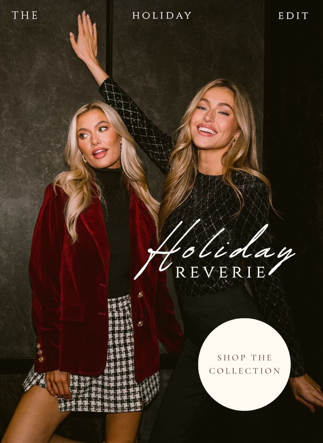 'The Holiday Edit. Holiday Reverie.' Image of two models wearing elevated holiday outfits. Button: 'Shop the collection.'