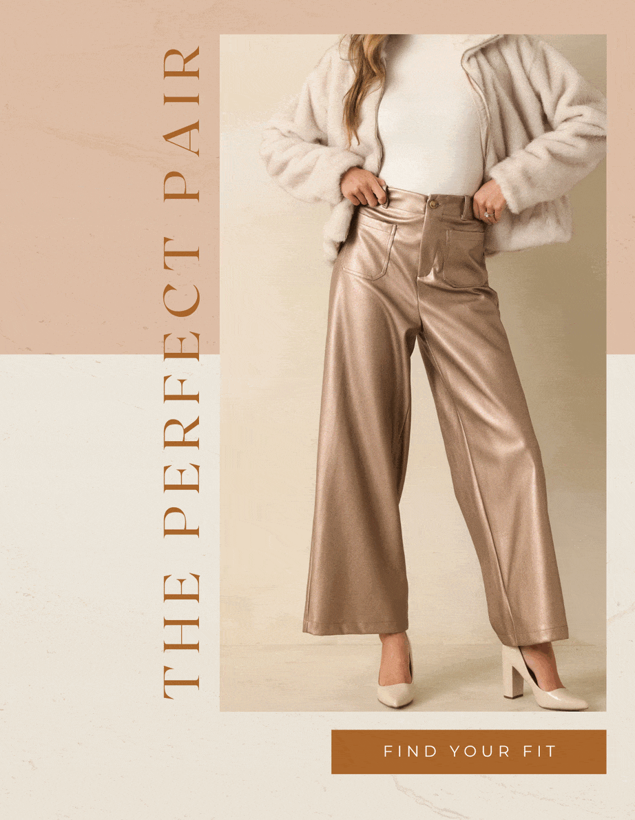 'The Perfect Pair.' Slideshow of model wearing different pants. Button: 'Find Your Fit.'