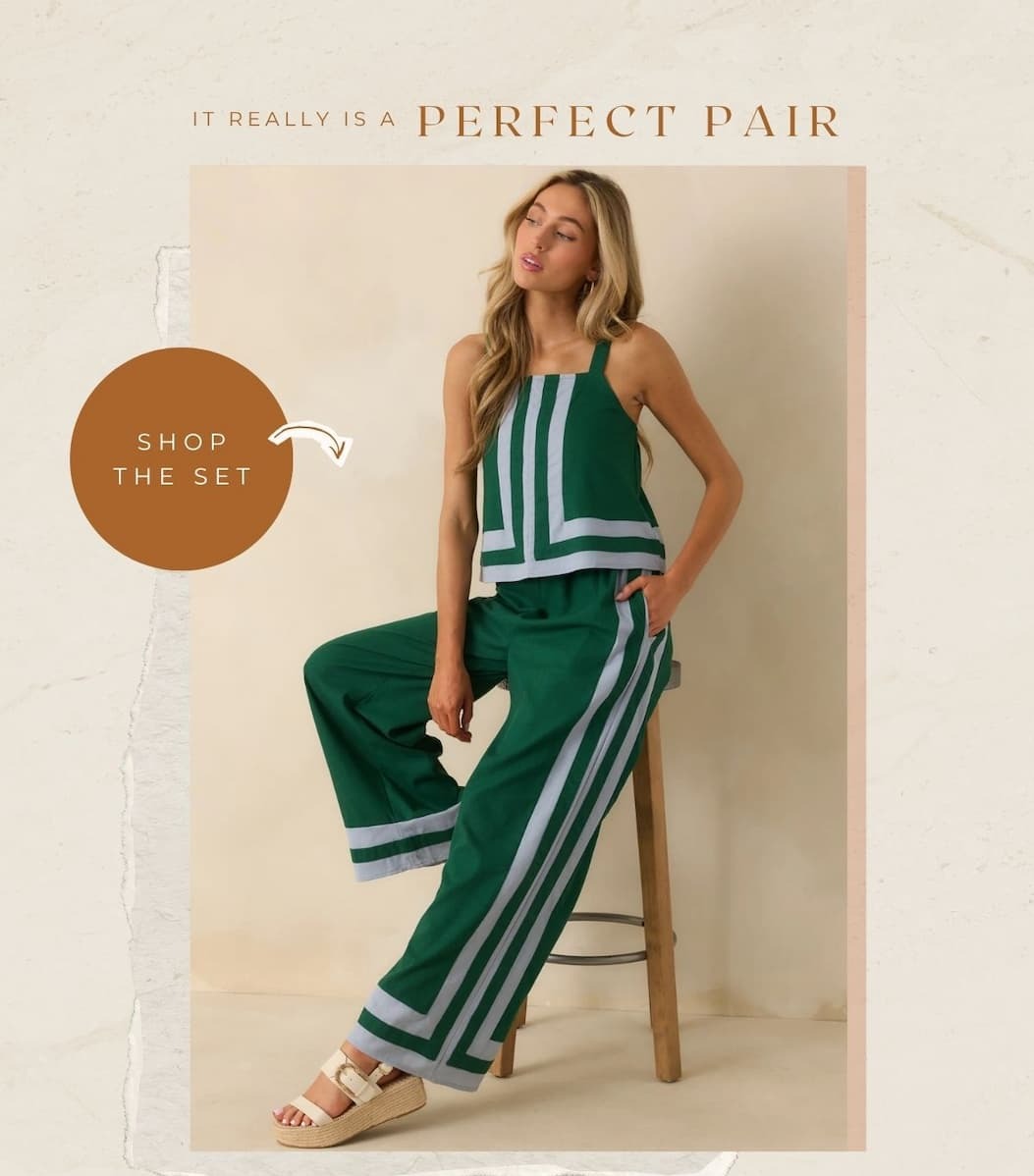 'It really is a perfect pair.' Button: 'Shop the set.' Image of model wearing a Green Contrast Trim Linen Blend Wide Leg Pants with matching tank top. 