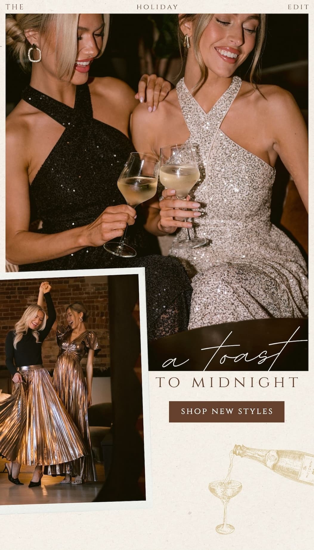 'The Holiday Edit. A toast to midnight.' Collage of models wearing new year's party outfits. Button: 'Shop New Styles.'