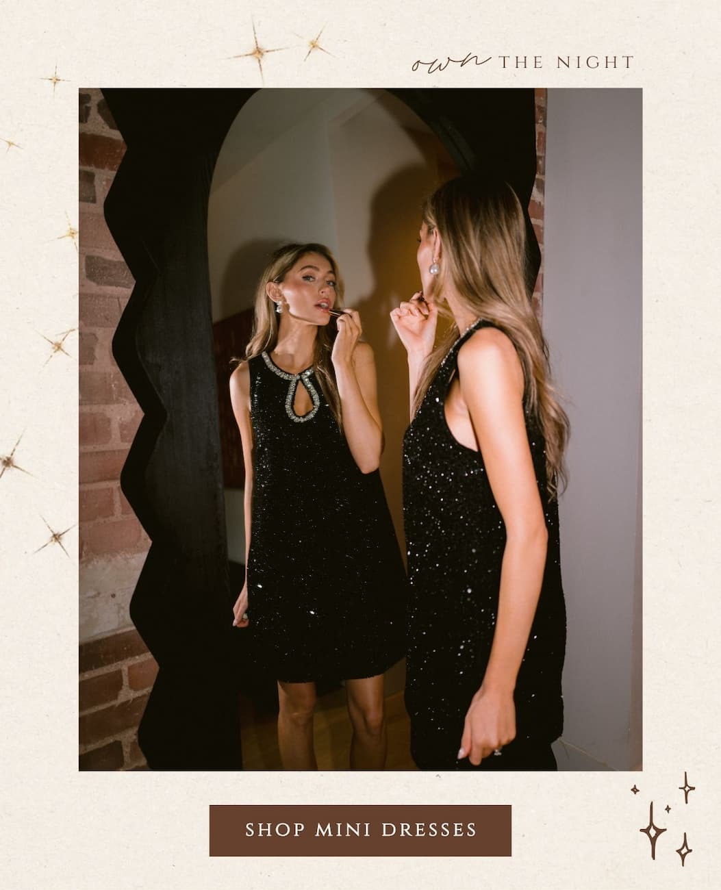 'Own the night.' Image of model wearing a black sequin mini dress. Button: 'Shop Mini Dresses.'
