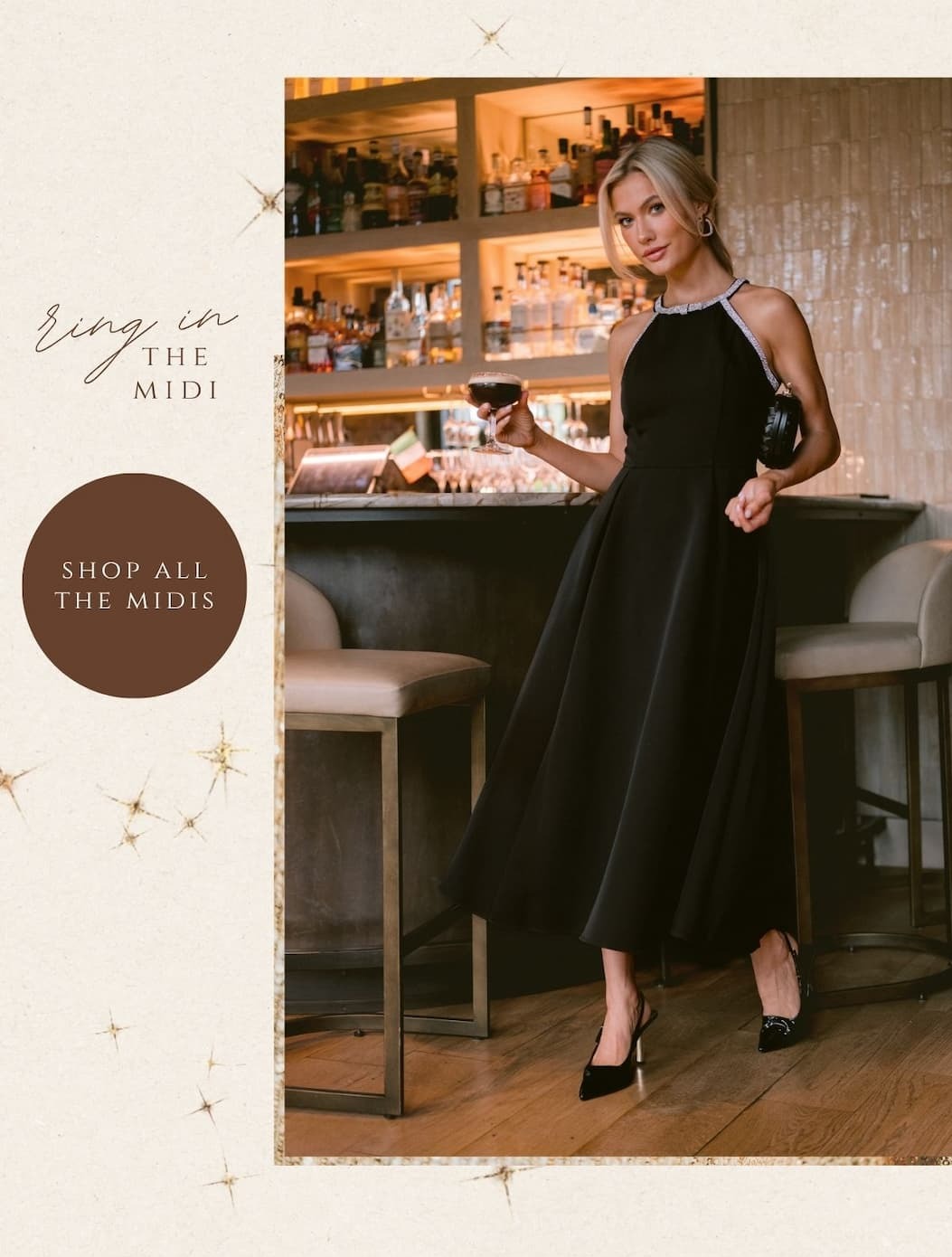 'Ring in the midi.' Image of model wearing a black midi dress. Button: 'Shop All the Midis.'
