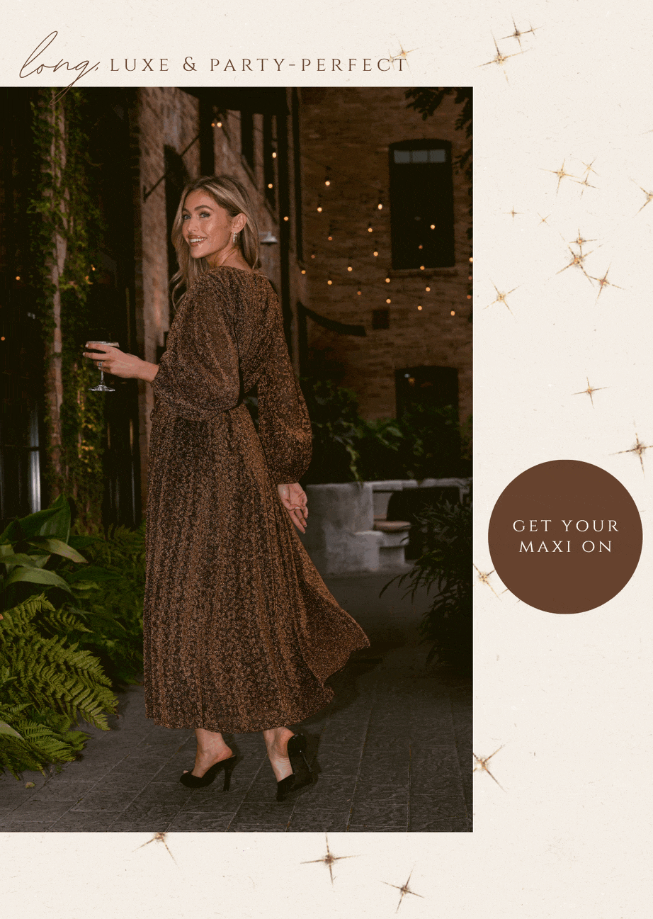 'long, luxe, & party-perfect.' Image of model wearing a Brown Leopard Print Shimmer Long Sleeve Maxi Dress. Button: 'Get Your Maxi On.' 