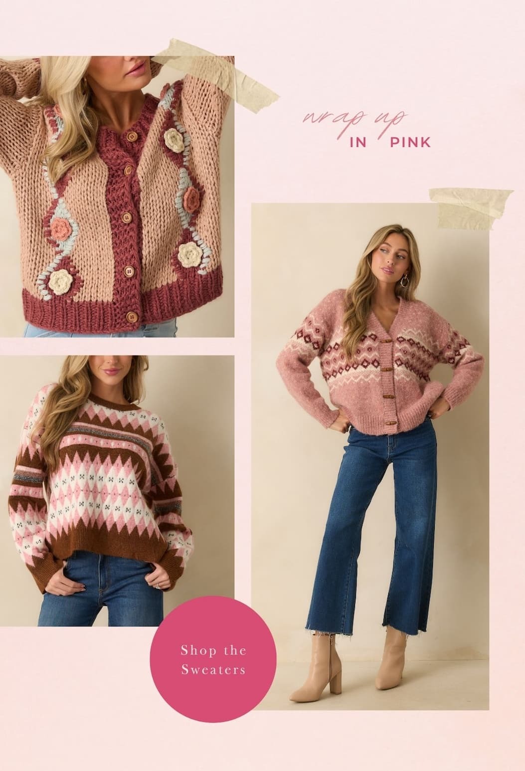 'Wrap up in pink.' Collage of models wearing different pink sweaters. Button: 'Shop the Sweaters.'