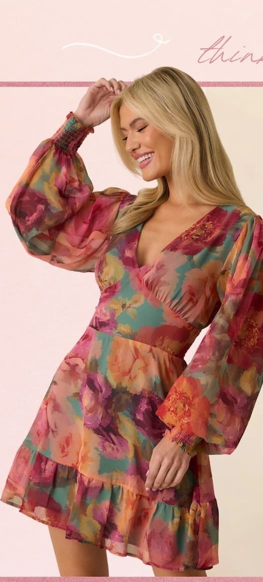 Image of model wearing a long sleeve Pink Multi Floral Print Chiffon Mini Dress.