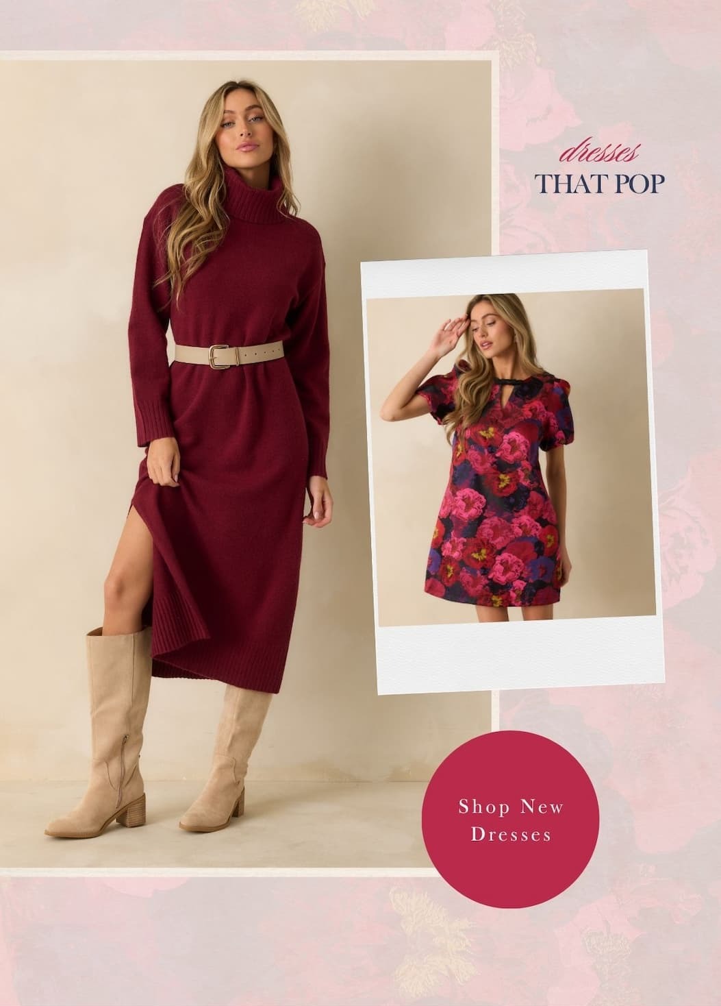 Collage of models wearing different dresses. 'Dresses that pop.' Button: 'Shop New Dresses.'