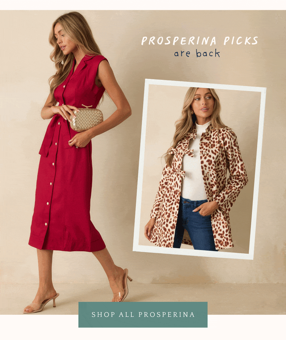 'Prosperina picks are back.' Collage of models wearing different Prosperina pieces. Button: 'Shop All Prosperina.'