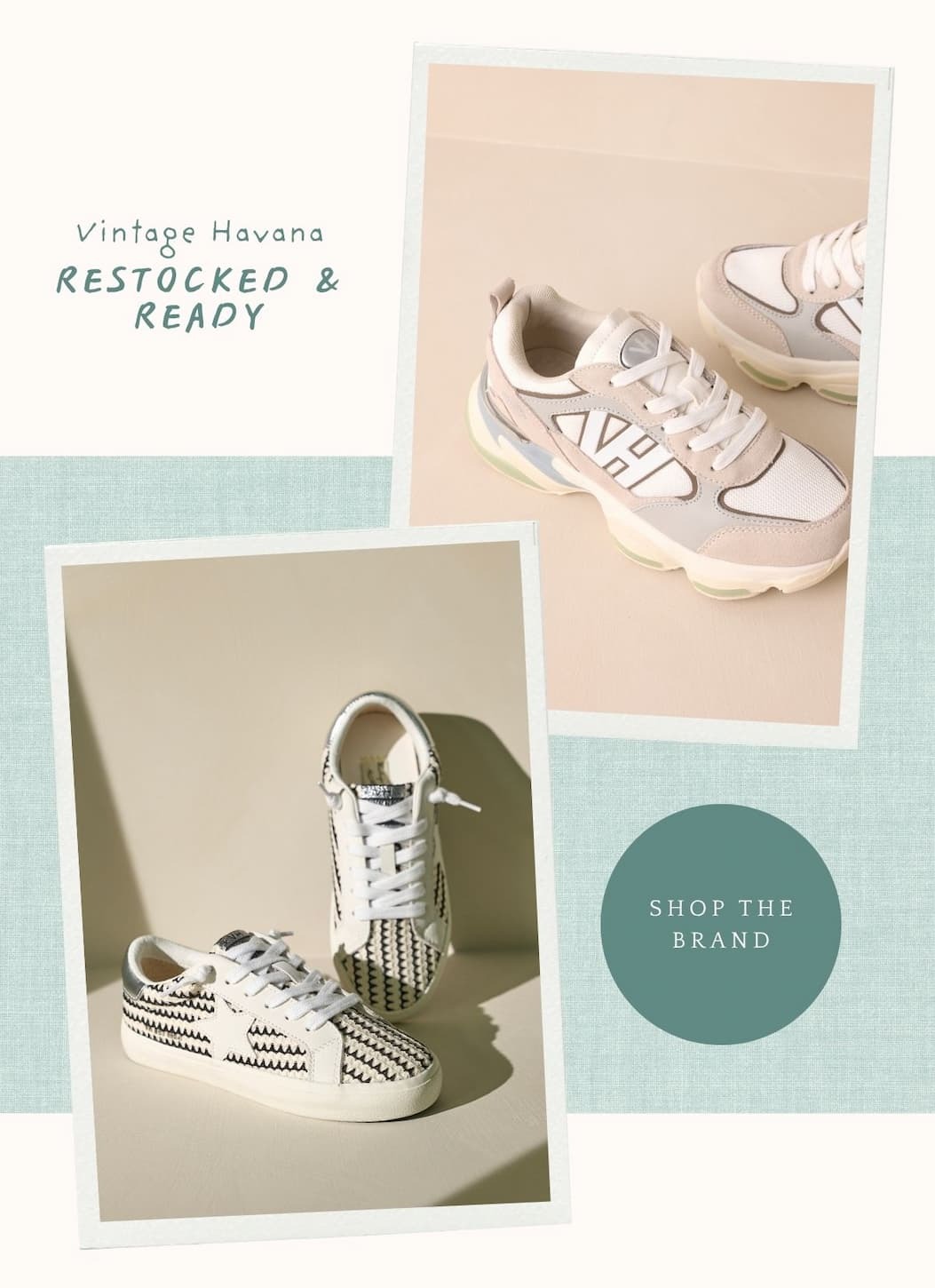 'Vintage Havana. restocked and ready.' Collage of different sneakers. Button: 'Shop the Brand.'