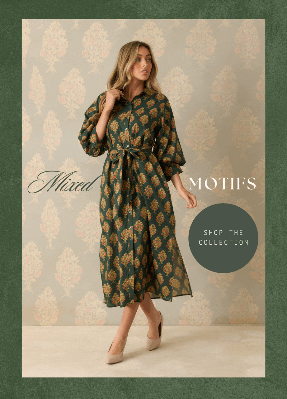 'Mixed Motifs.' Slideshow of models wearing different trending pattern outfits. Button: 'Shop the Collection.'