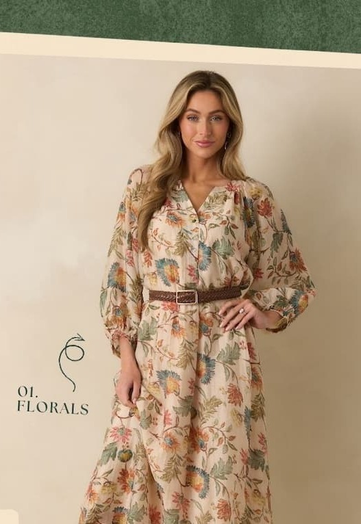 Image of model wearing a  Ecru Multi Floral Long Sleeve Maxi Dress.