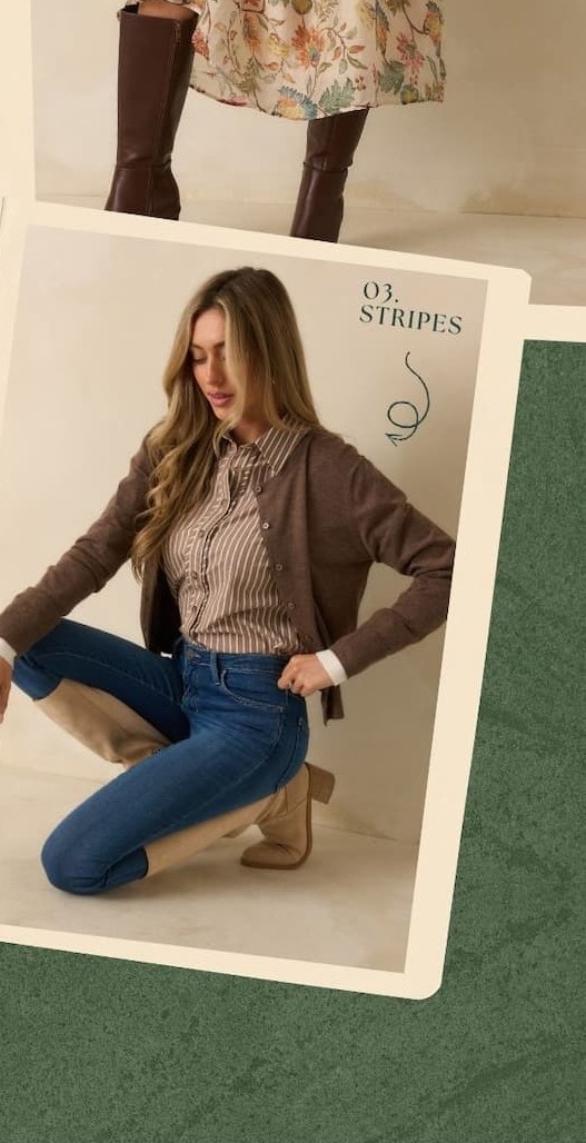 Image of model wearing a brown striped button down top with a brown cardigan and jeans.