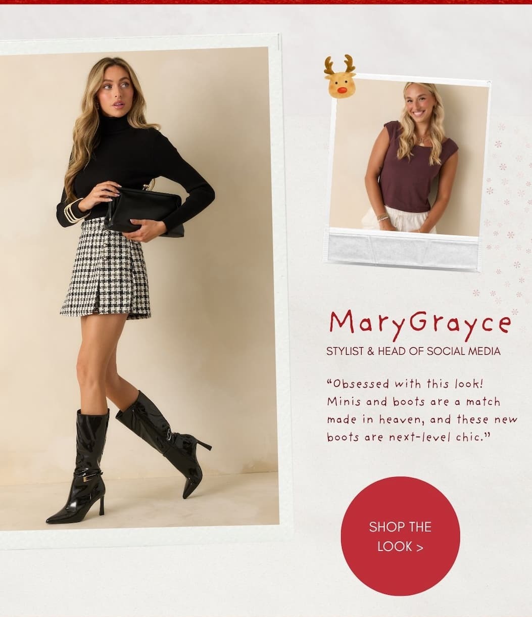 Image of model wearing a black turtleneck with a black and white tweed mini skort and black knee high boots. Button: 'Shop the Look.'