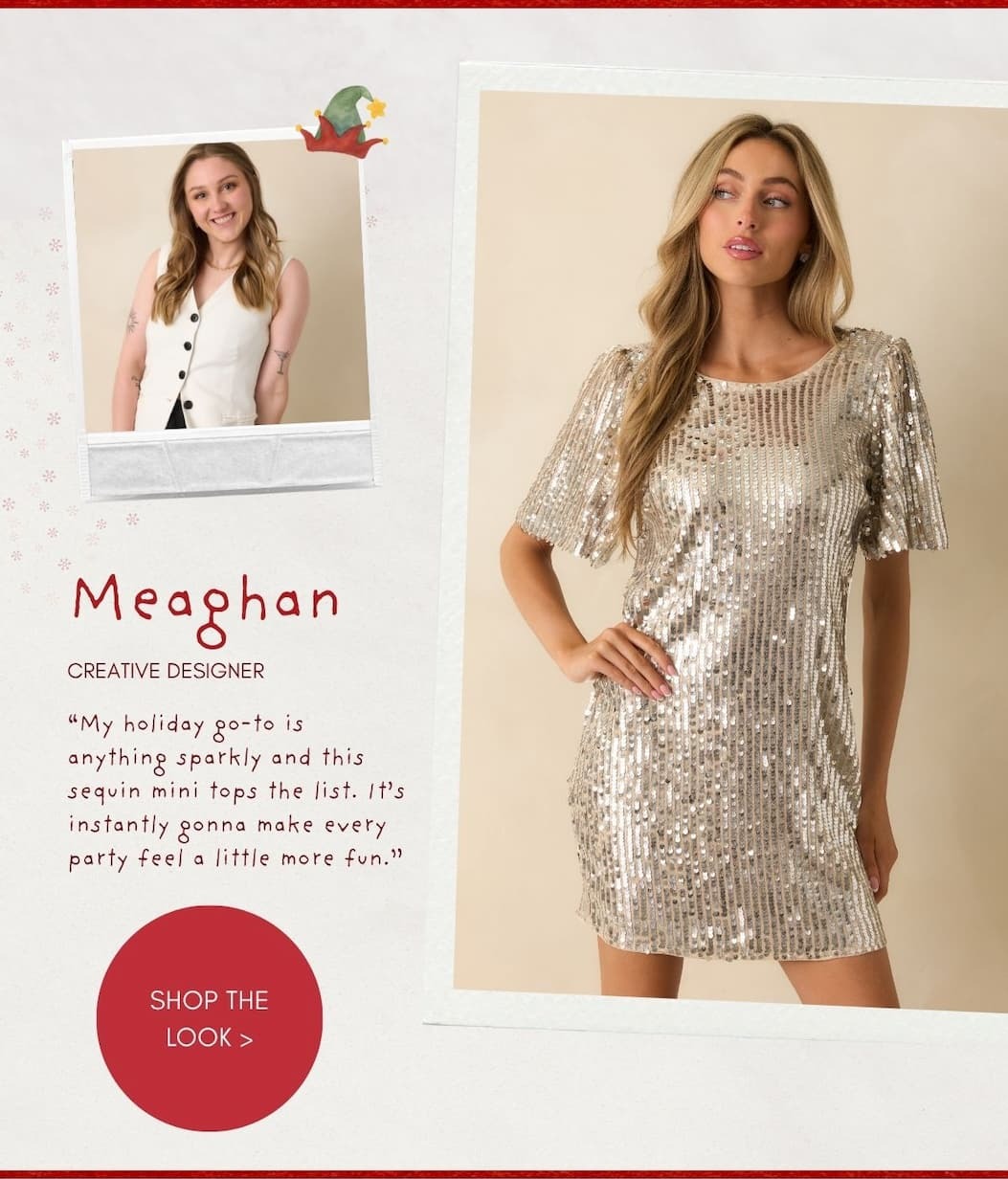 Image of model wearing a Silver Sequin Mini Dress. Button: 'Shop the Look.'
