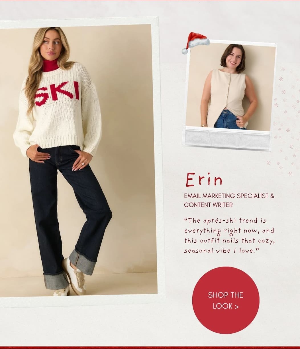 Image of model wearing an Ivory Knit Ski Sweater with dark wash jeans and sneakers. Button: 'Shop the Look.'
