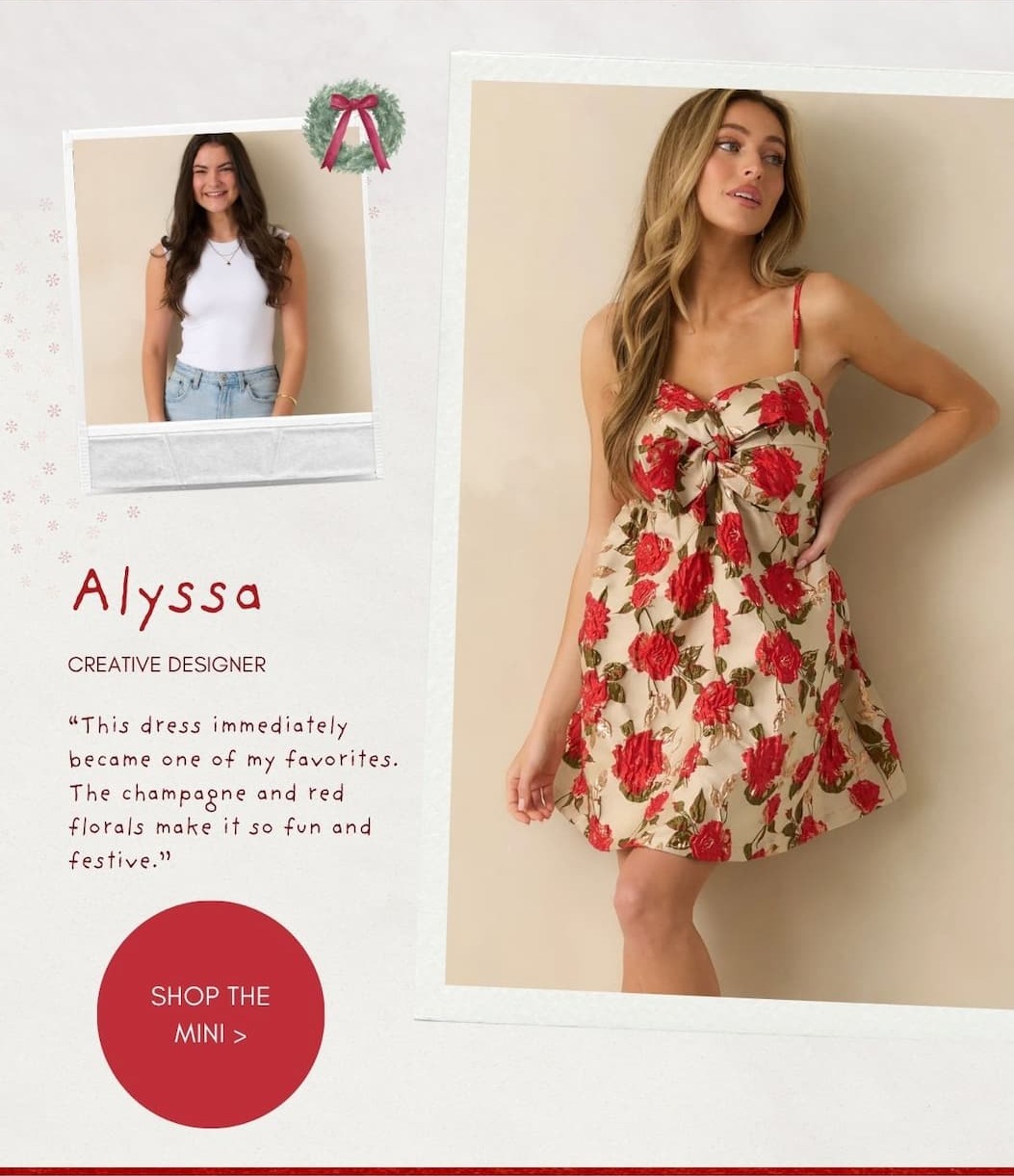 Image of model wearing a Champagne Multi Floral Jacquard Mini Dress. Button: 'Shop the Mini.'