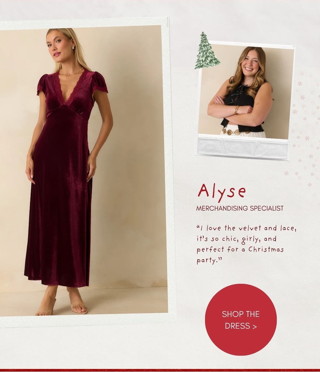 Image of model wearing a wine red velvet maxi dress. Button: 'Shop the Dress.'