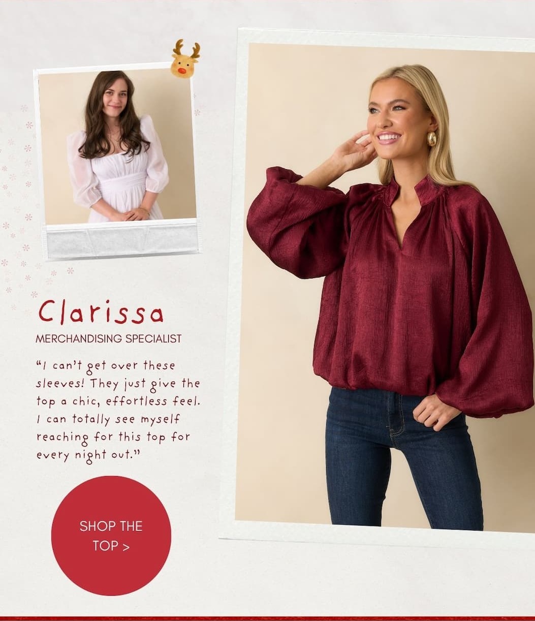 Image of model wearing a burgundy peasant sleeve blouse. Button: 'Shop the Top.'