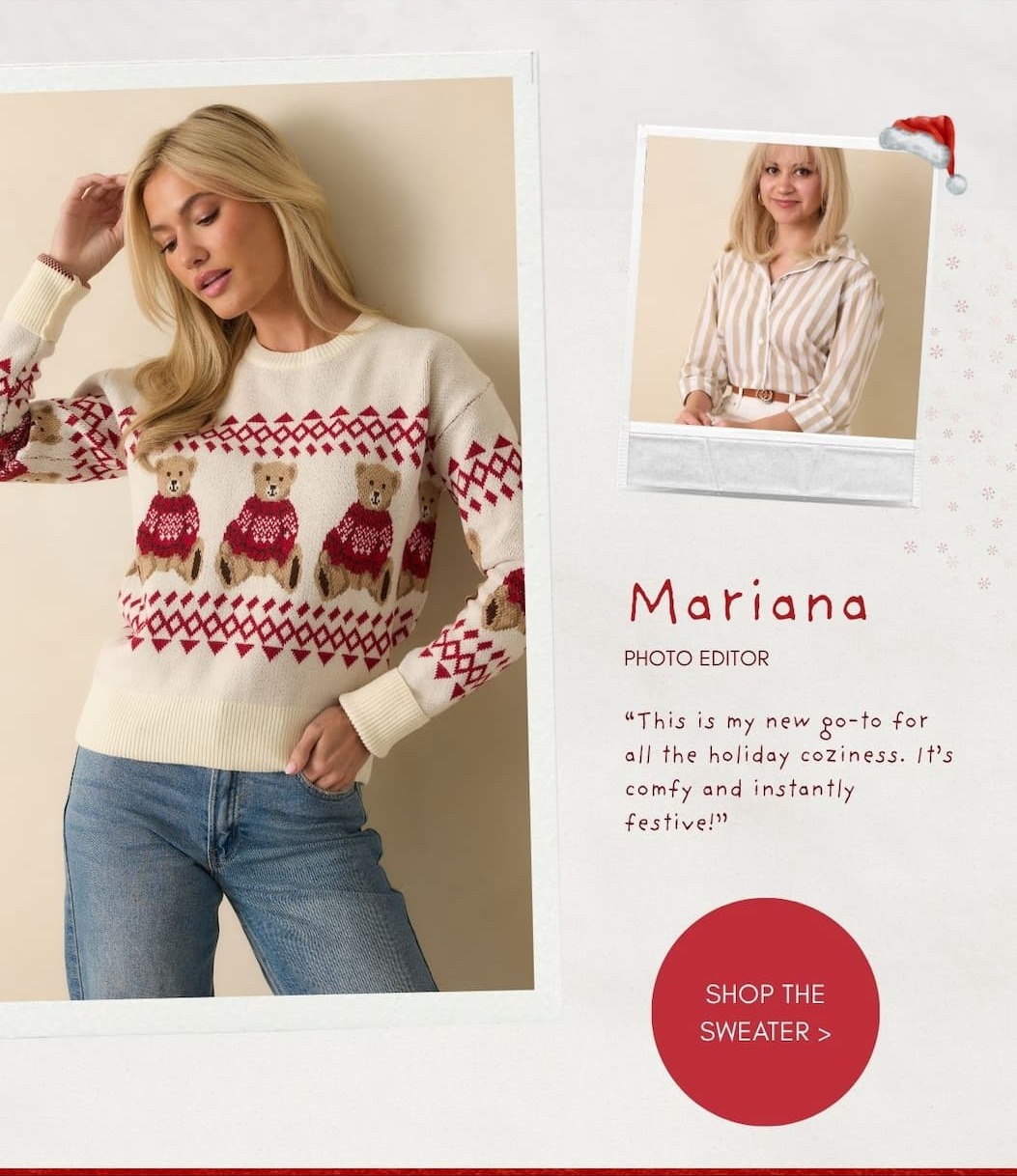 Image of model wearing a Fair Isle Teddy Knit Sweater. Button: 'Shop the Sweater.'